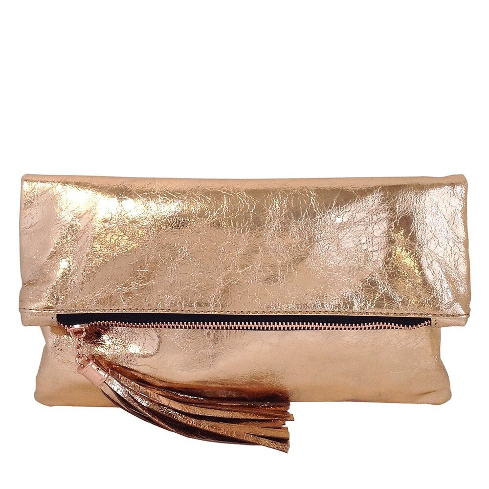 3985 Cracked Metallic Fabric Foldover Clutch with Tassel Magnetic Snap